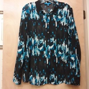 Darek Lam Blue Black Abstract Button Print Top